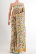 Yellow Tussar Saree with Printed design on the body and Embroidery Border.  displayed on a mannequin