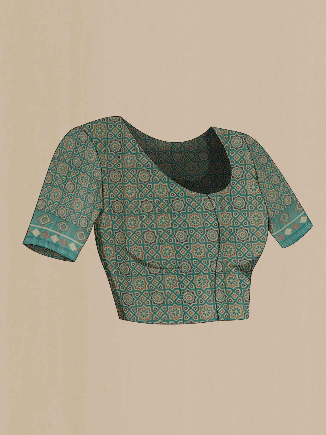 Close up image of the blouse of Teal Tussar Silk Saree with Printed design on the body and Without Border. 
