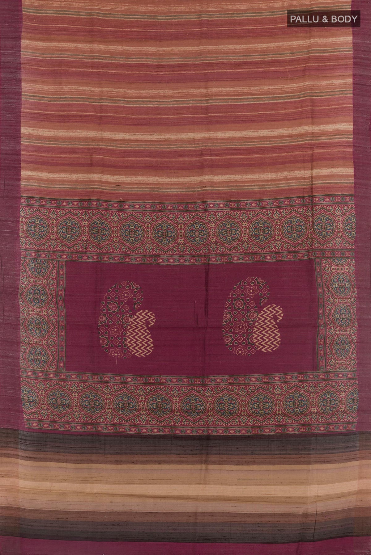 Flat view of Maroon Tussar Saree with Printed design on the body and Embroidery Border. 