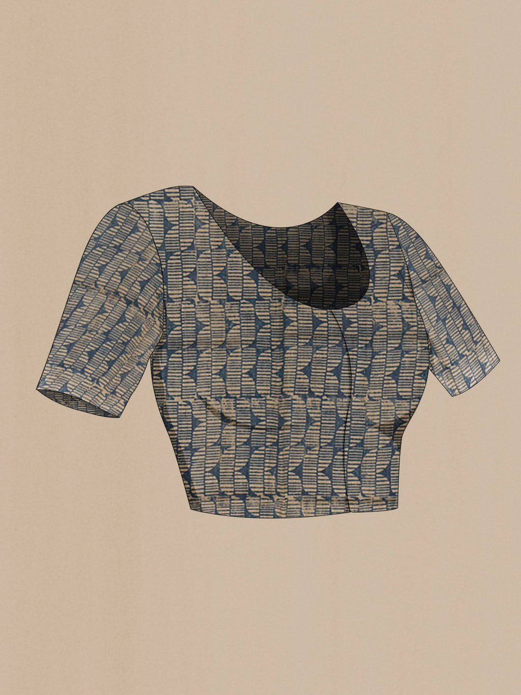 Close up image of the blouse of Blue Tussar Saree with Printed design on the body and Printed Border. 