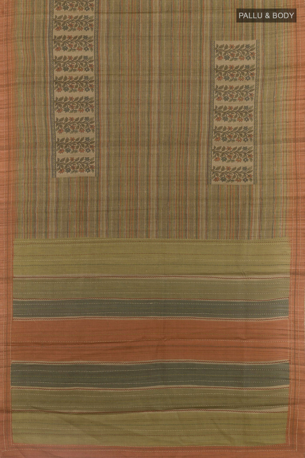 Flat view of Green Tussar Saree with Printed design on the body and Zari Border. 