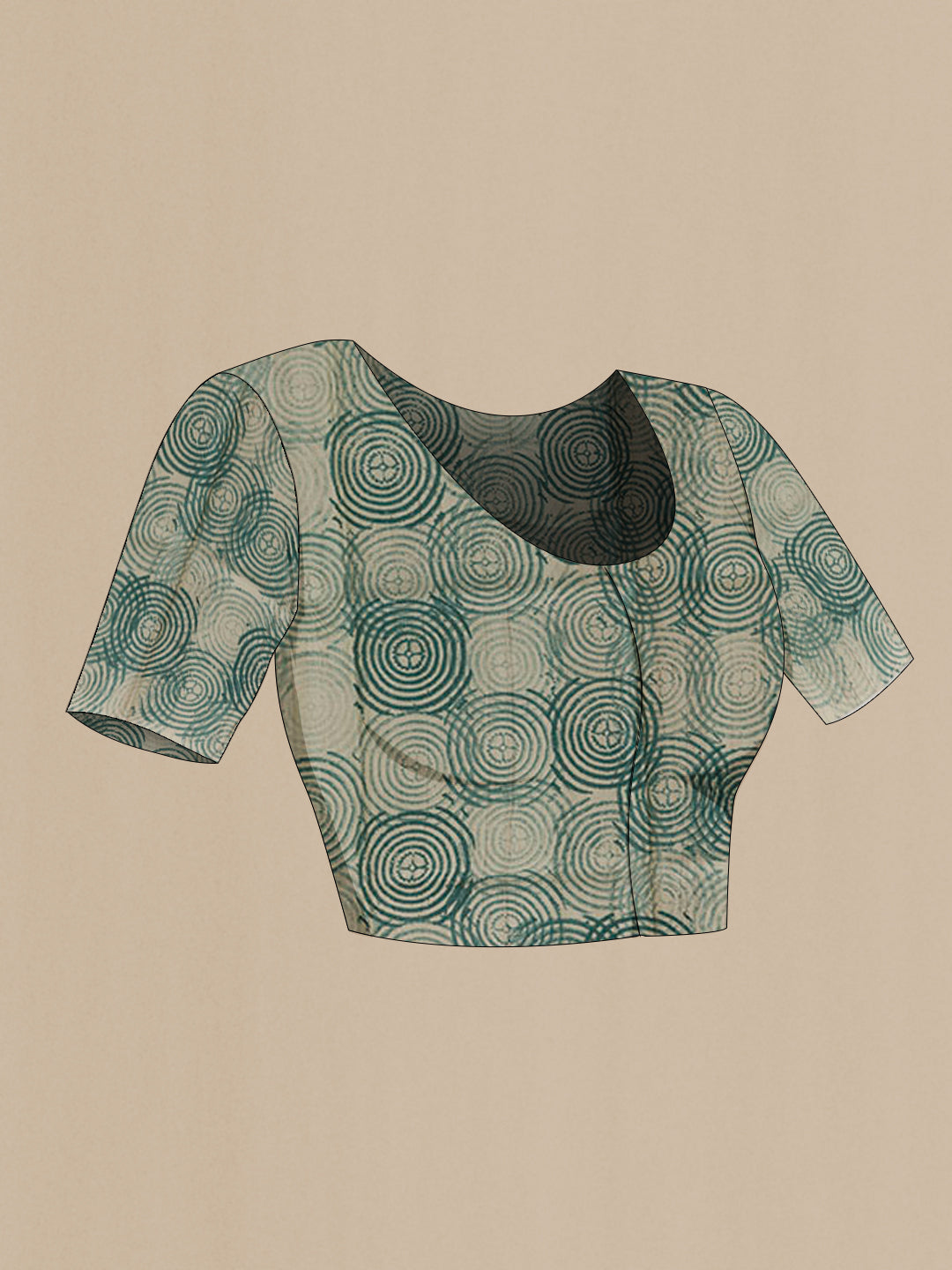 Close up image of the blouse of Green Tussar Silk Saree with Printed design on the body and Printed Border. 