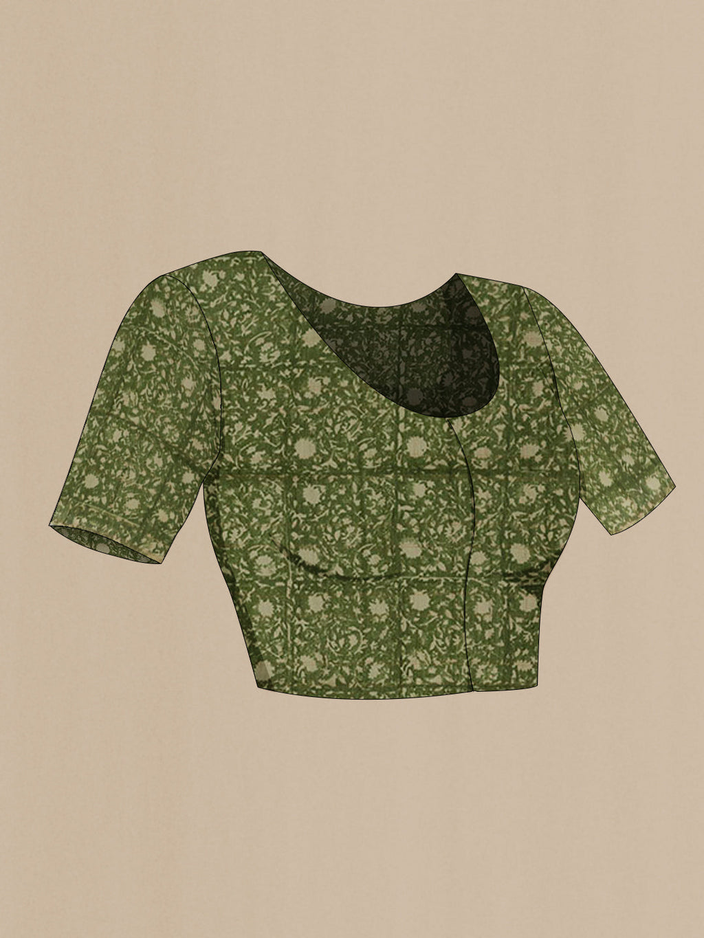 Close up image of the blouse of Mehandi Green Tussar Saree with Printed design on the body and Printed Border. 