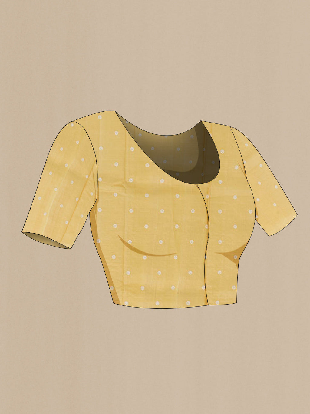 Close up image of the blouse of Yellow Tussar Saree with Embroidery on the body and Embroidery Border. 
