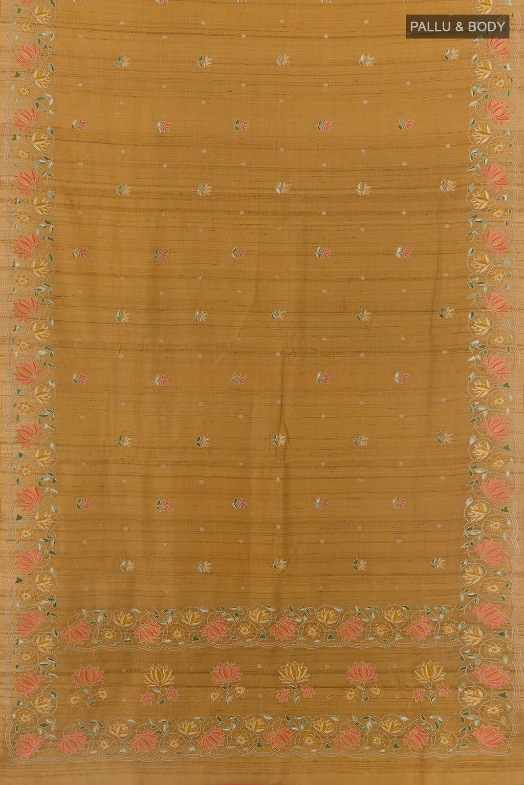 Flat view of Mustard Tussar Saree with Thread Butta on the body and Zari Border. 