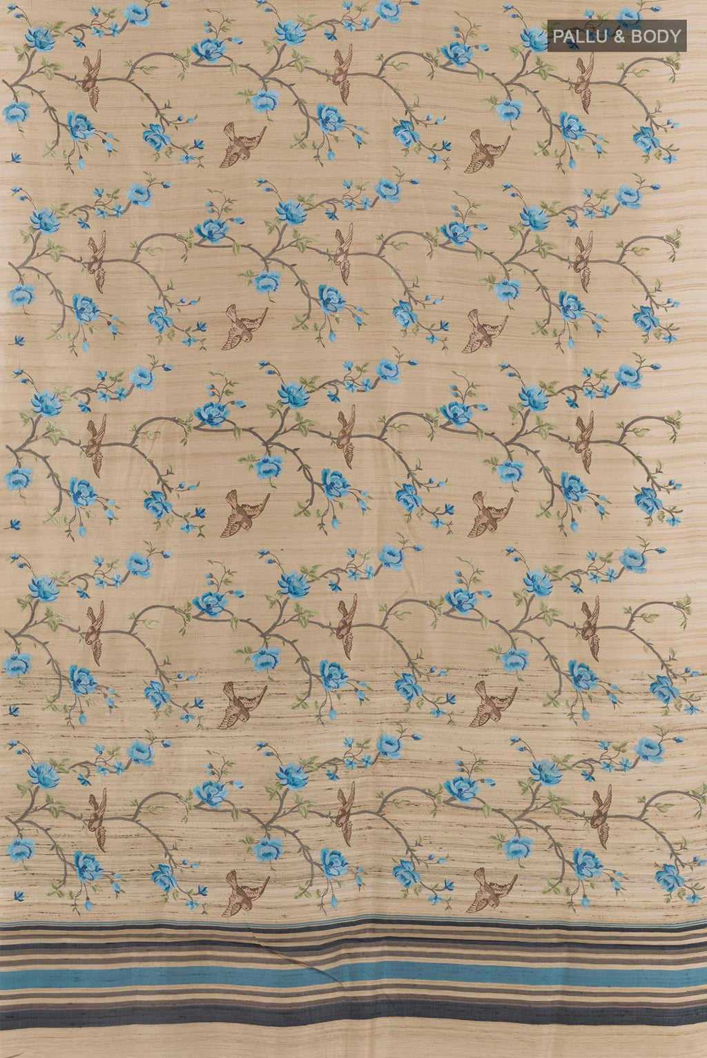 Flat view of Beige Tussar Saree with Embroidery on the body and Embroidery Border. 