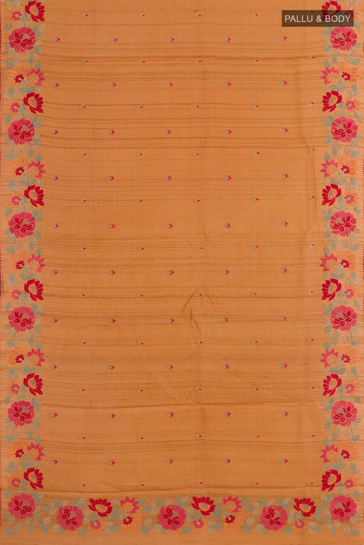 Flat view of Mustard Tussar Saree with Thread Butta on the body and Embroidery Border. 
