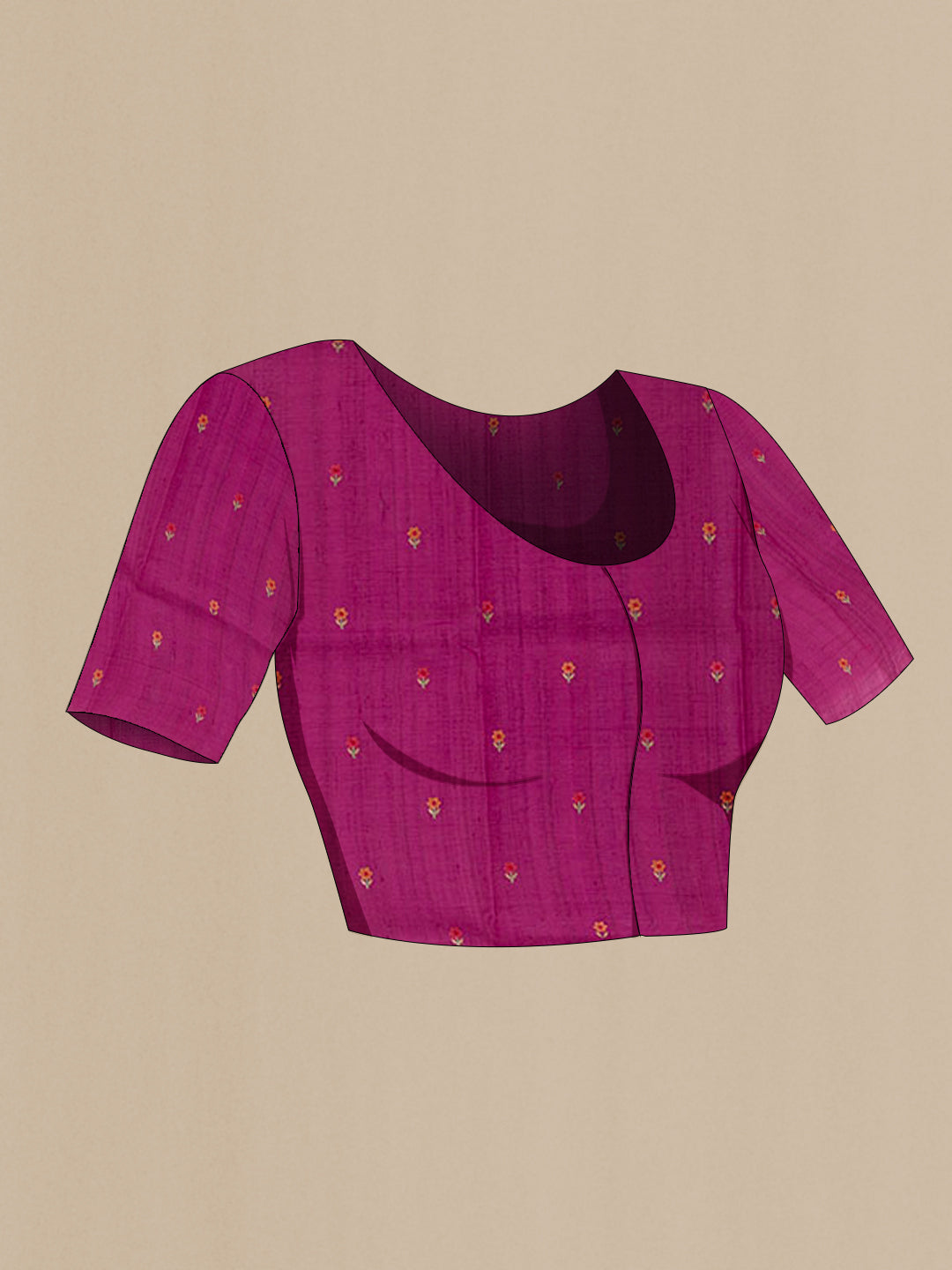 Close up image of the blouse of Magenta Tussar Silk Saree with Embroidery on the body and Embroidery Border. 