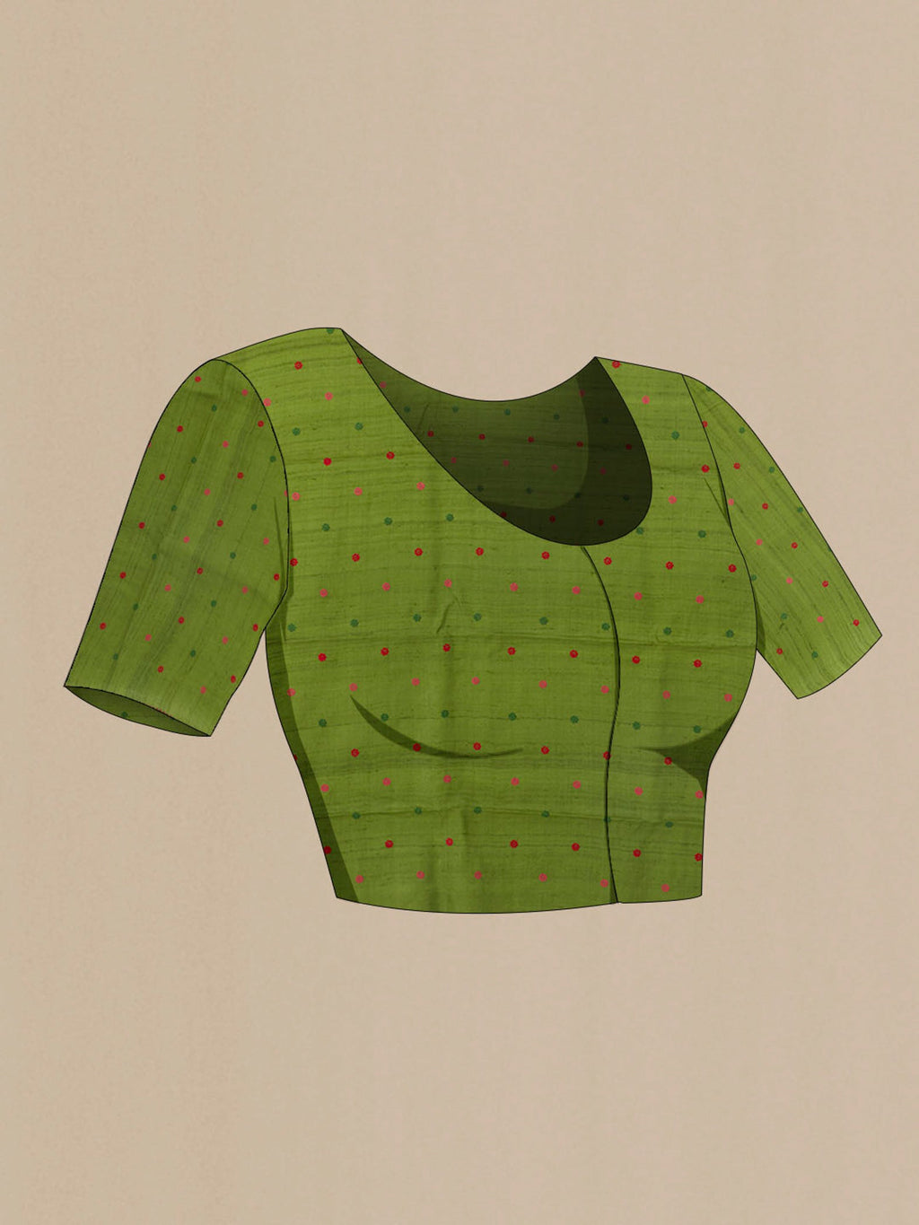 Close up image of the blouse of Green Tussar Saree with Thread Butta on the body and Zari Border. 