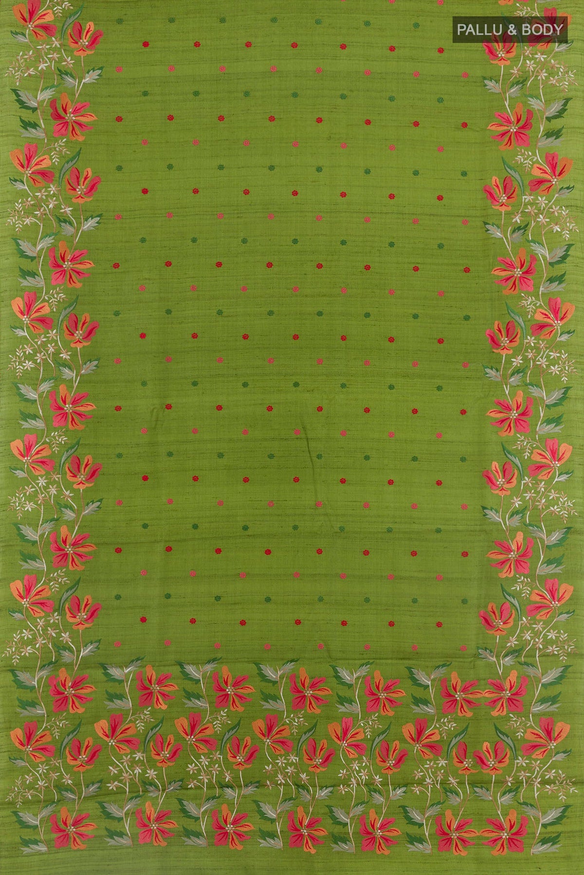 Flat view of Green Tussar Saree with Thread Butta on the body and Zari Border. 