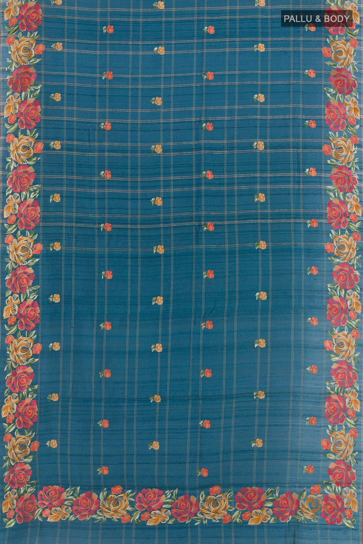 Flat view of Blue Tussar Saree with Embroidery on the body and Embroidery Border. 