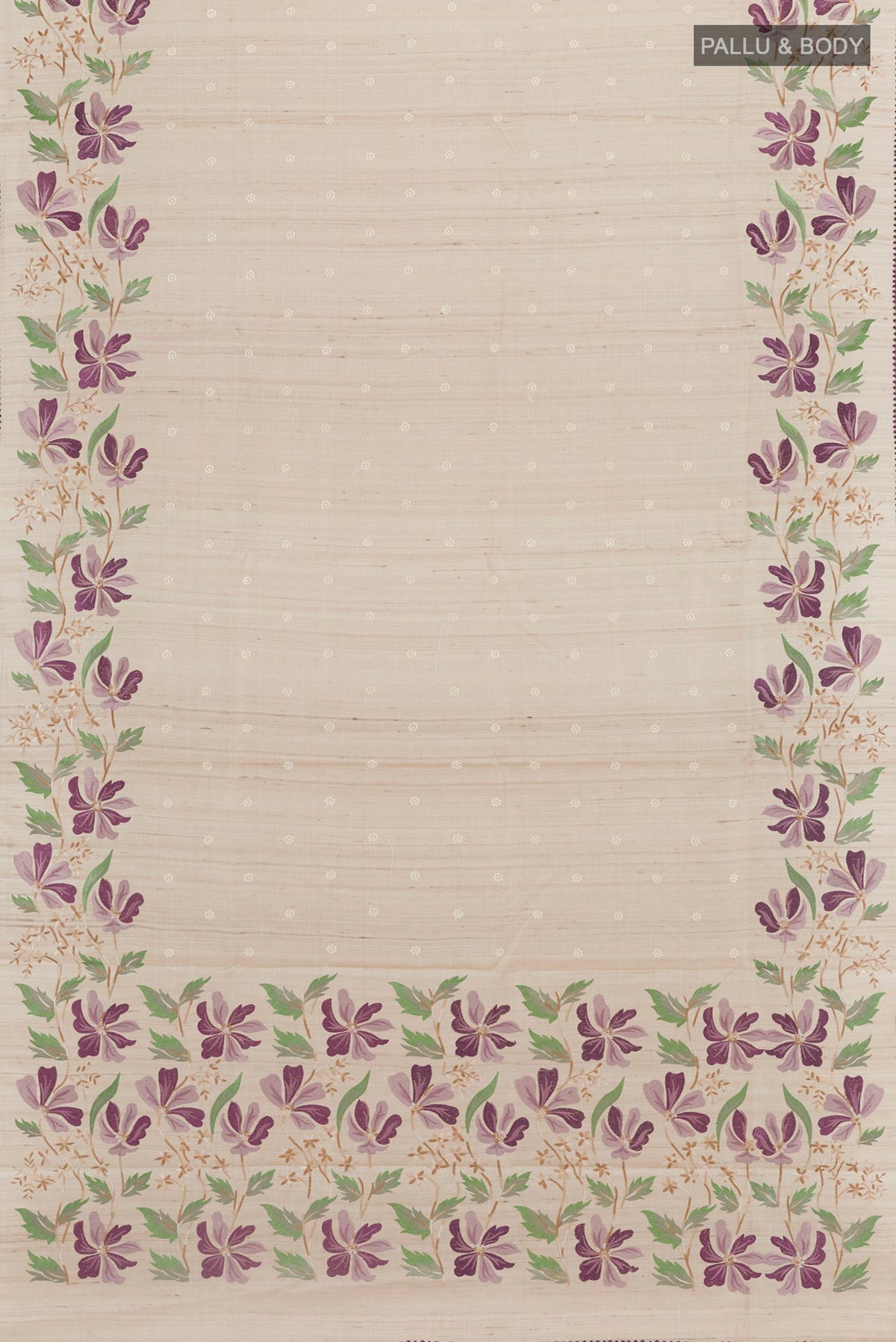 Flat view of Cream Tussar Saree with Thread Butta on the body and Embroidery Border. 