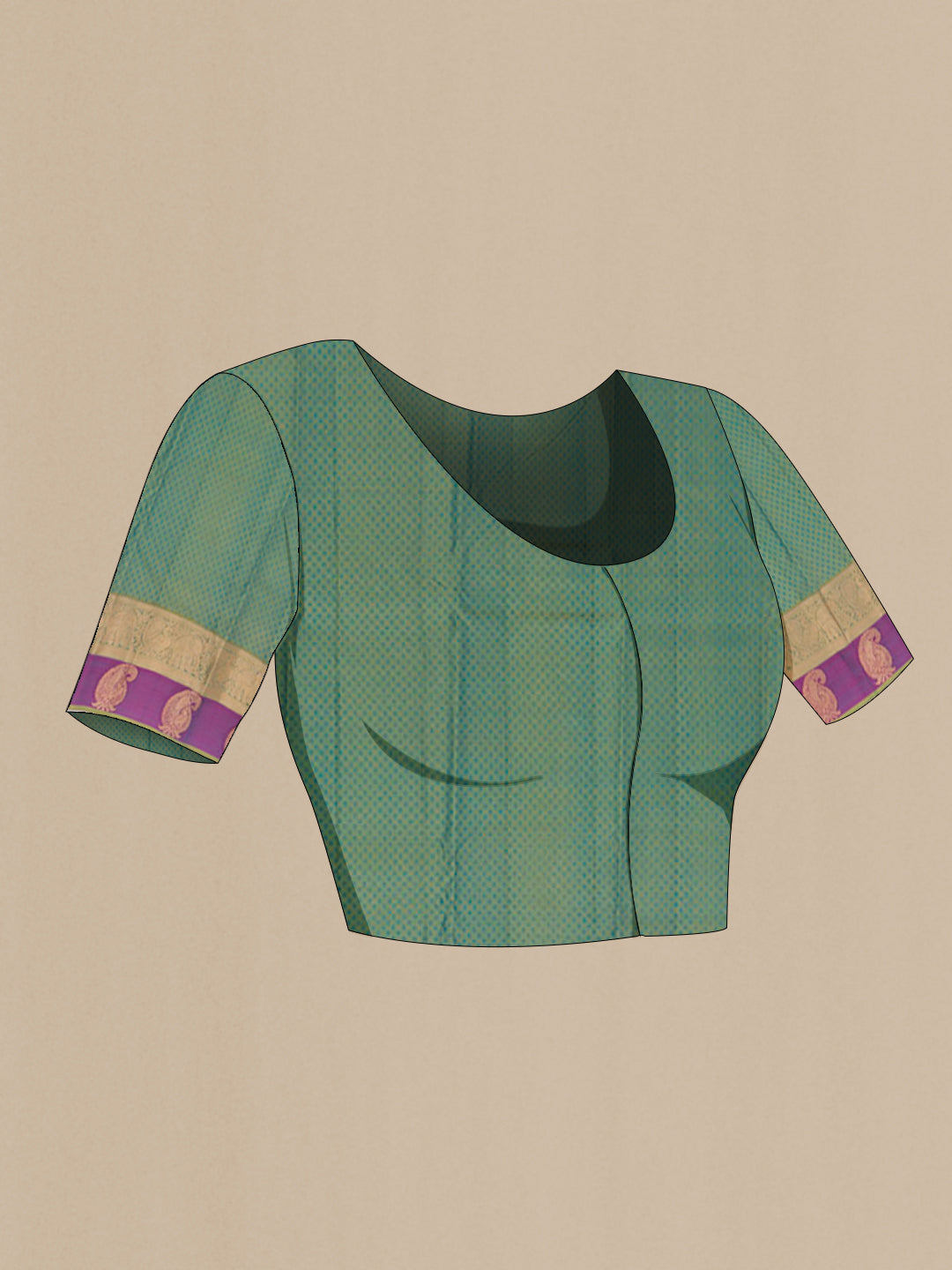 Close up image of the blouse of Green Kanjivaram Silk Saree with Jacquard design on the body and Zari Border. 