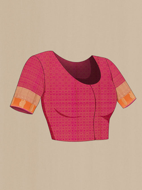 Close up image of the blouse of Beige Kanjivaram Silk Saree with Jacquard design on the body and Zari Border. 