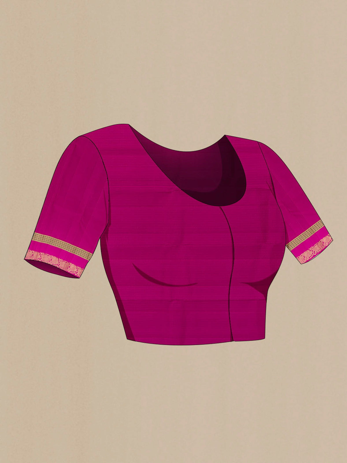 Close up image of the blouse of Purple Kanjivaram Silk Saree with Jacquard design on the body and Zari Border. 
