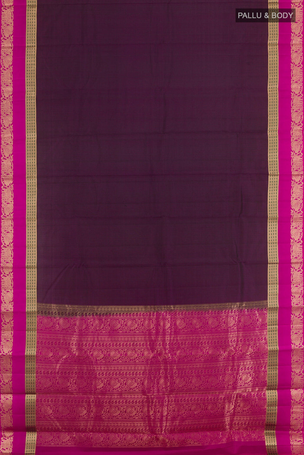 Flat view of Purple Kanjivaram Silk Saree with Jacquard design on the body and Zari Border. 