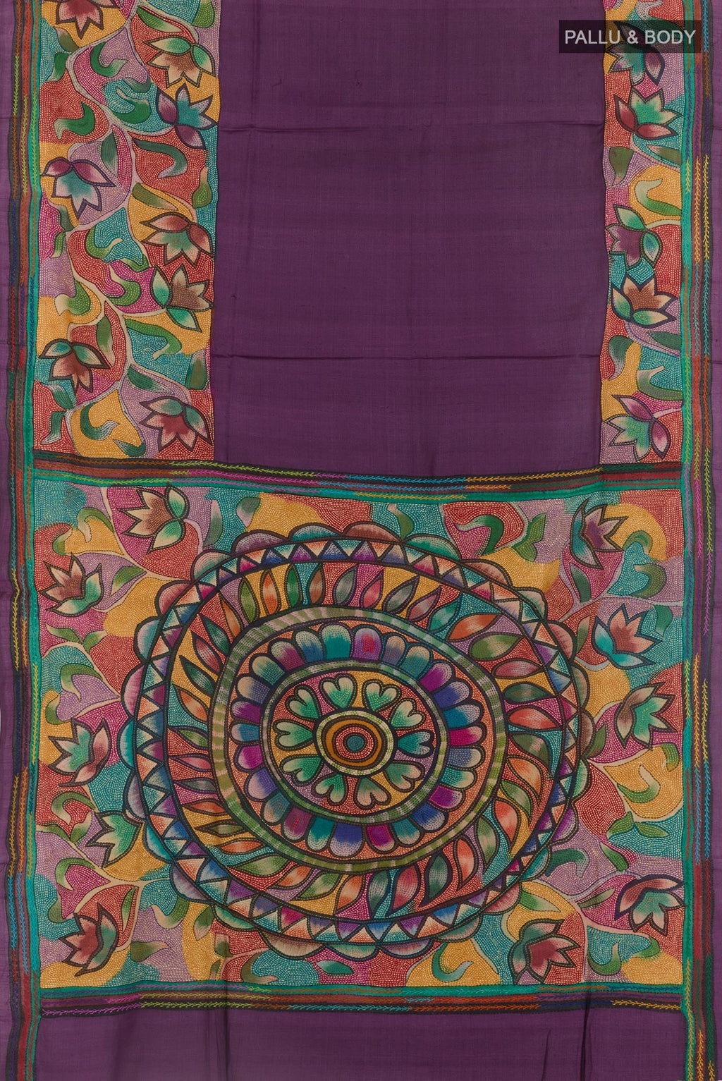 Flat view of Purple Tussar Saree with Kantha Work on the body and Embroidery Border. 