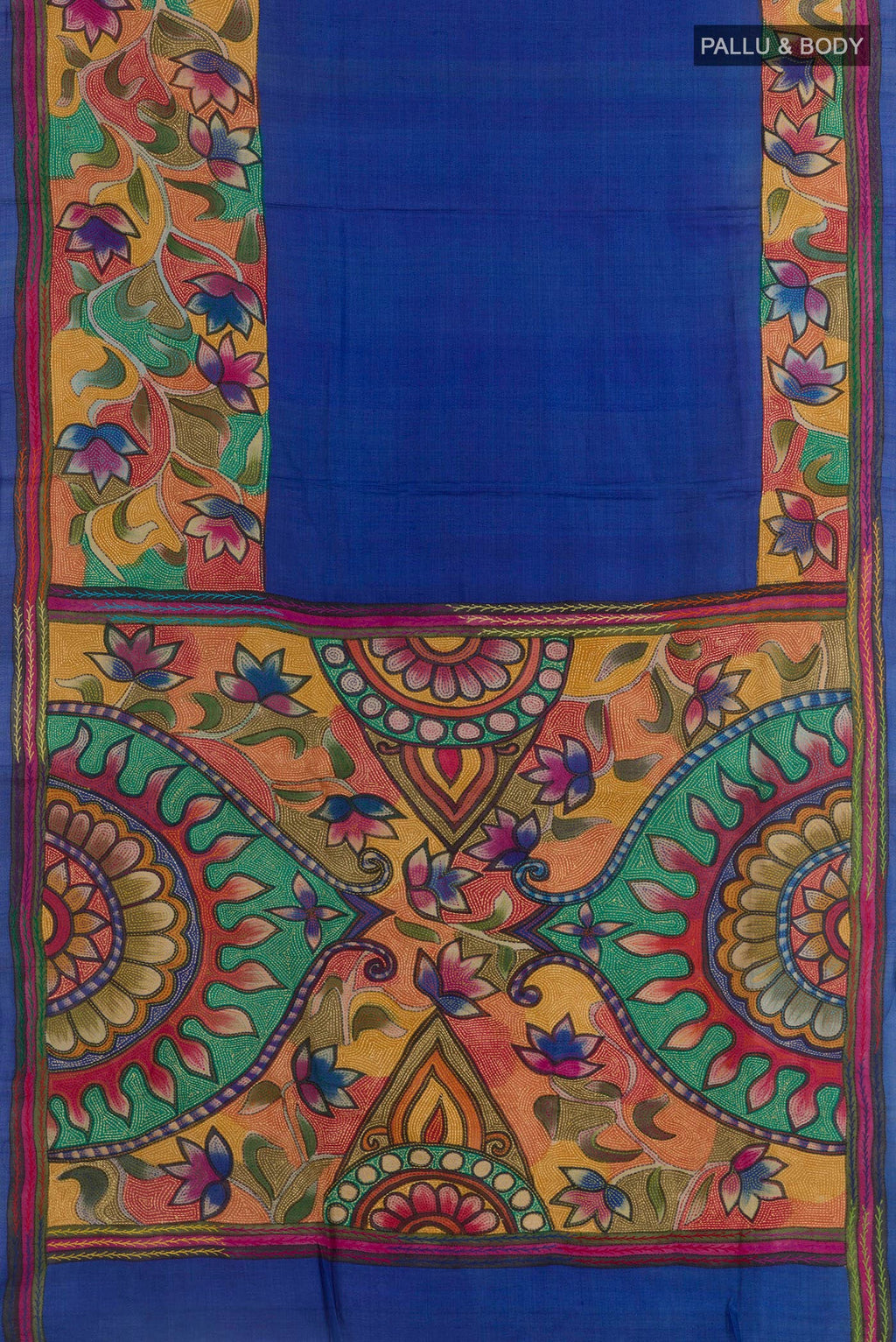 Flat view of Blue Tussar Saree with Plain Body and Embroidery Border. 
