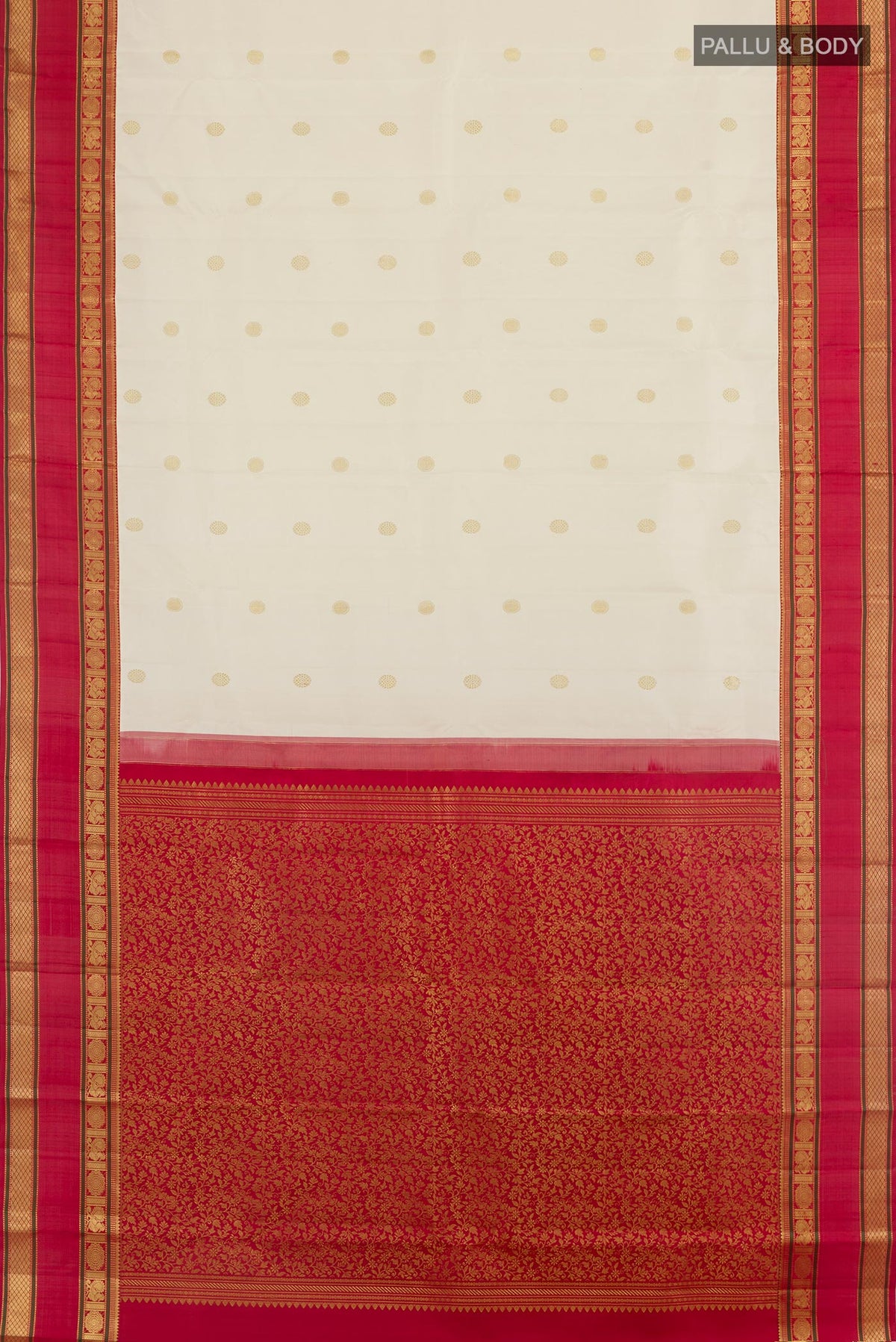 Flat view of Off White Kanjivaram Silk Saree with Zari Butta on the body and Zari Border. 