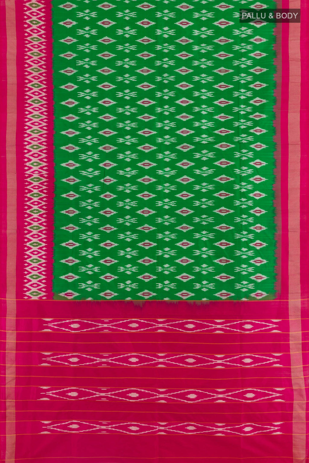 Flat view of Green Pochampally Silk Saree with Pure Ikat on the body and Zari Border. 