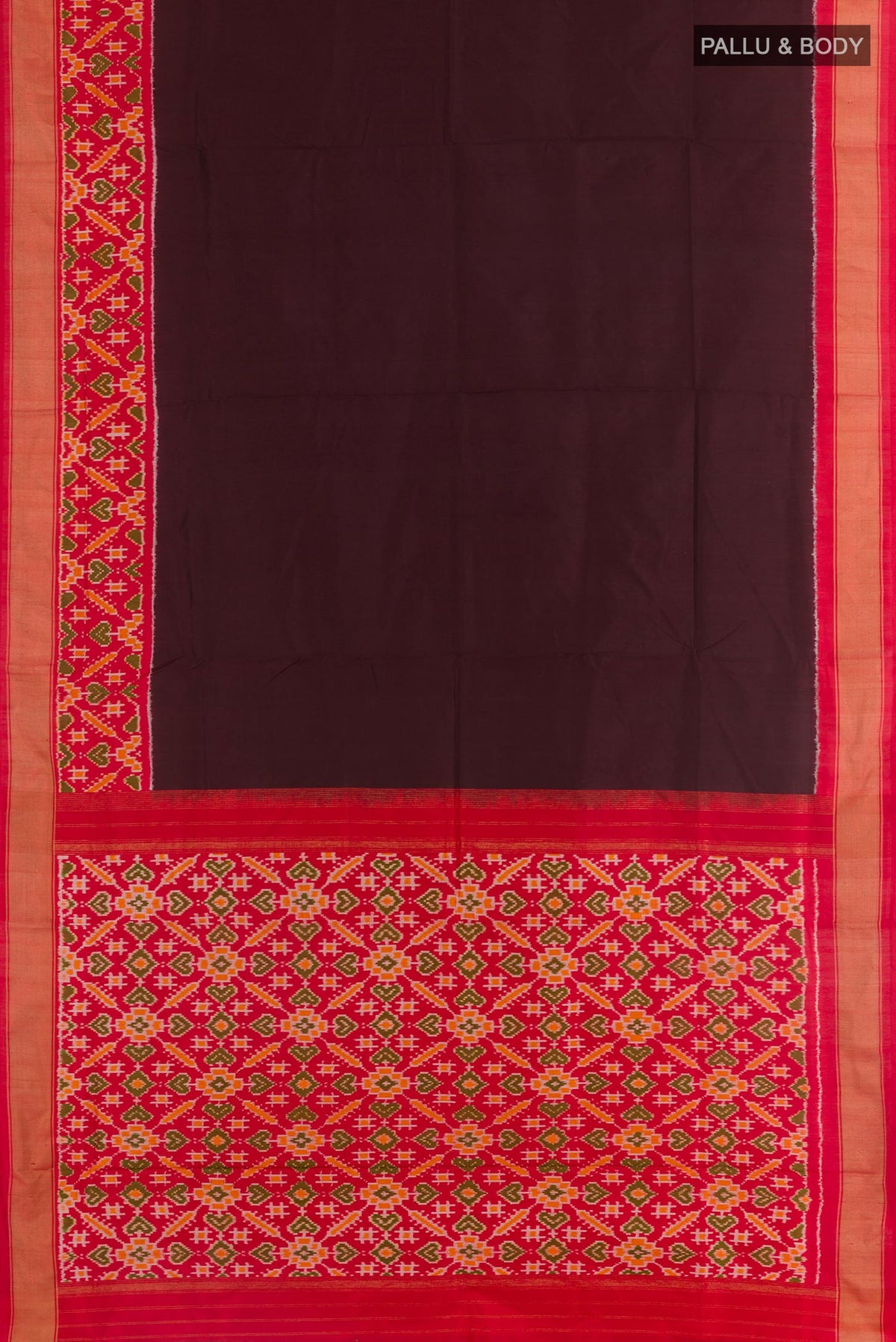 Flat view of Brown Pochampally Silk Saree with Plain Body and Zari Border. 