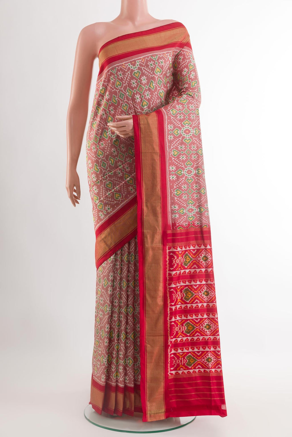Red Pochampally Silk Saree with Pure Ikat on the body and Zari Border.  displayed on a mannequin