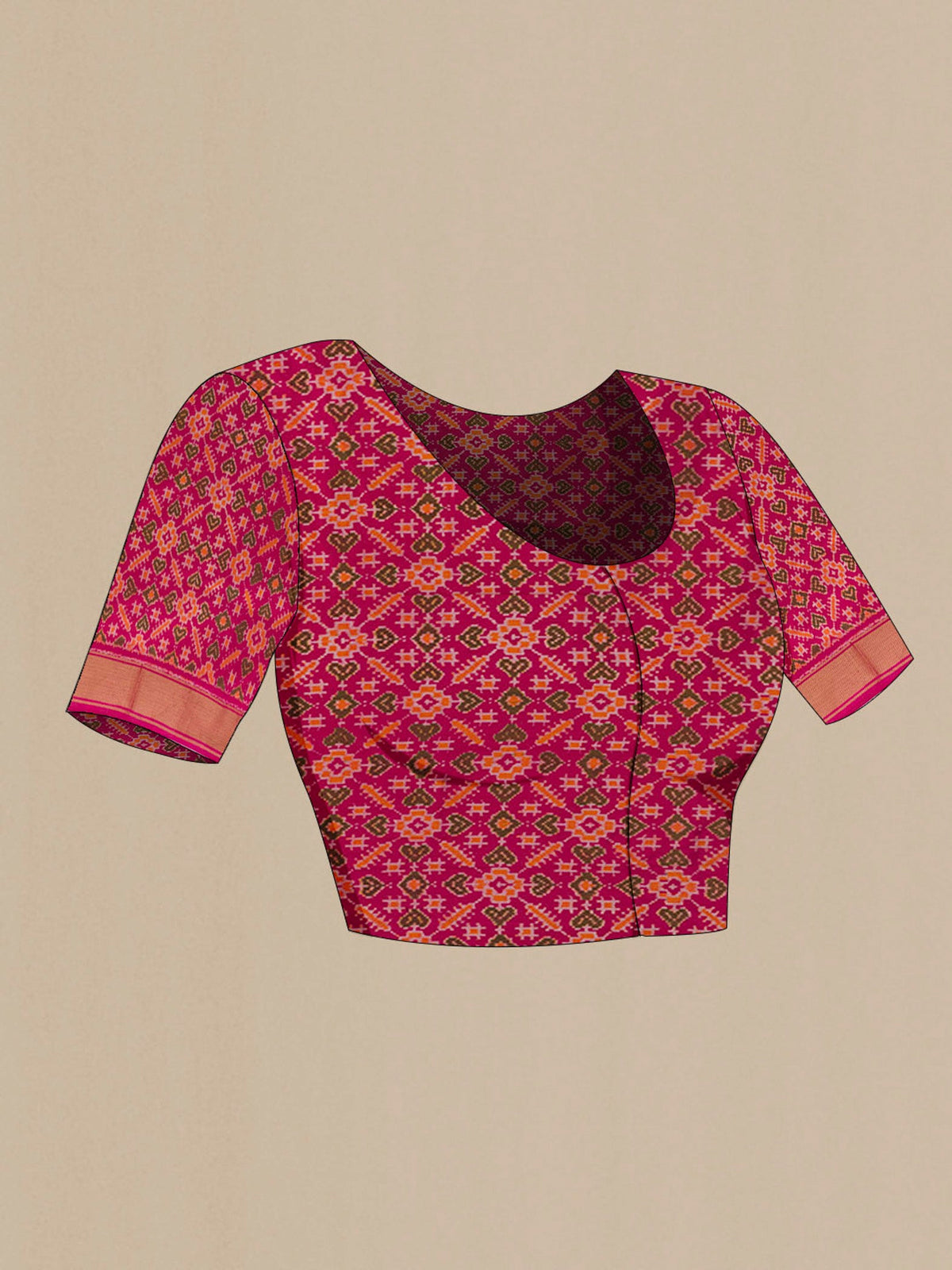 Close up image of the blouse of Purple Pochampally Silk Saree with Plain Body and Zari Border. 