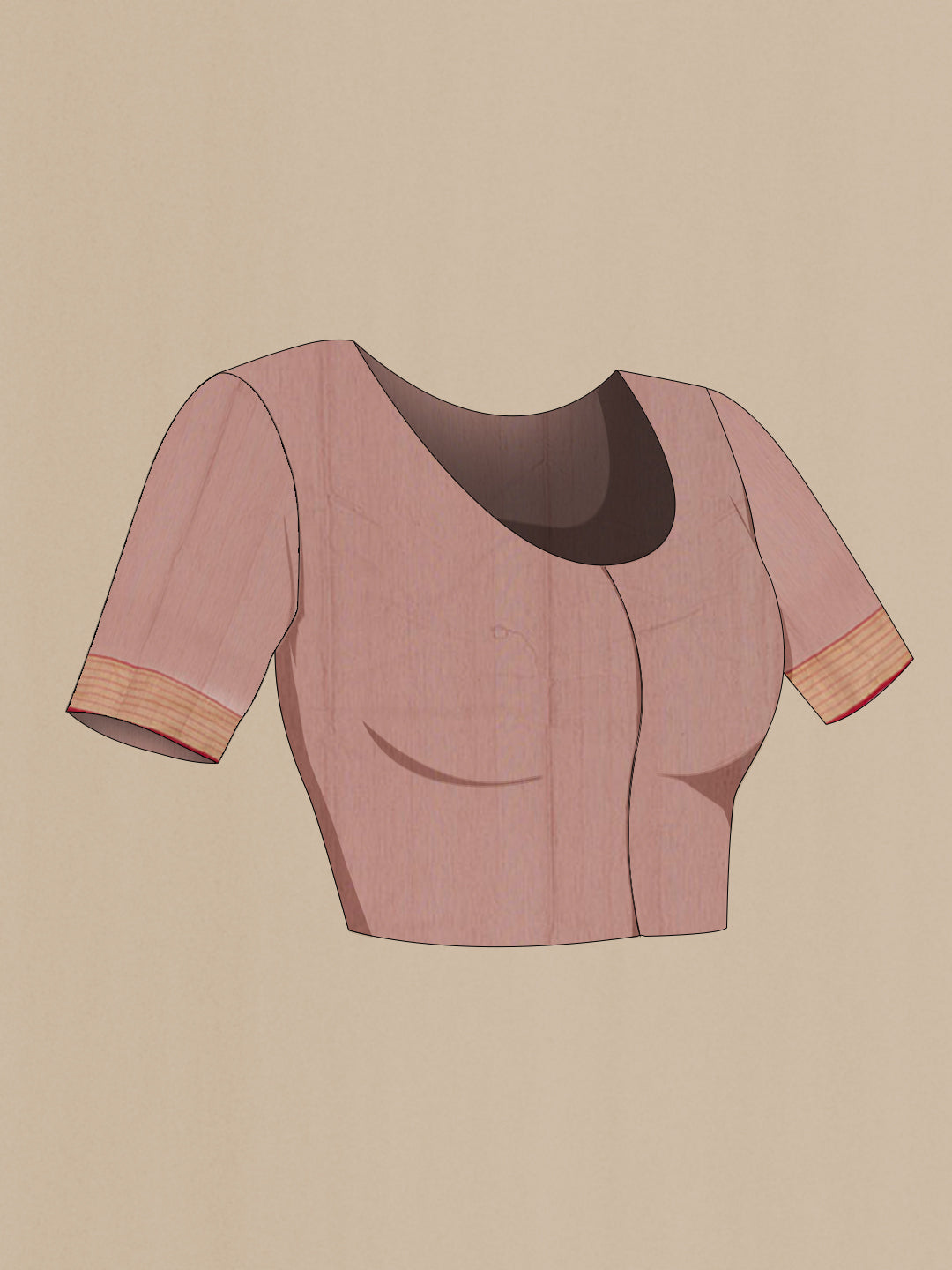 Close up image of the blouse of Imperial Pink Chanderi Silk Saree with Zari Butta on the body and Zari Border. 