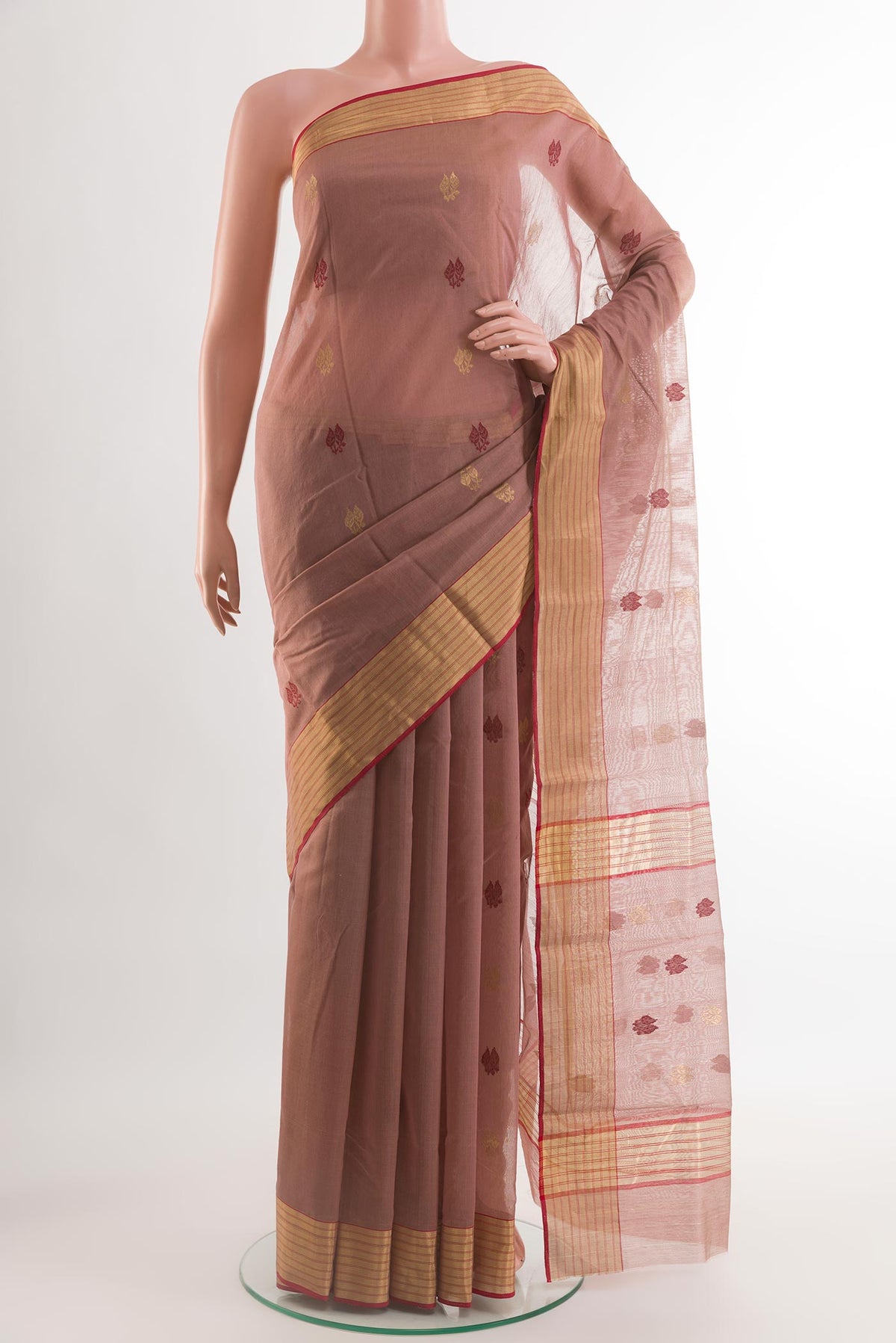 Imperial Pink Chanderi Silk Saree with Zari Butta on the body and Zari Border.  displayed on a mannequin