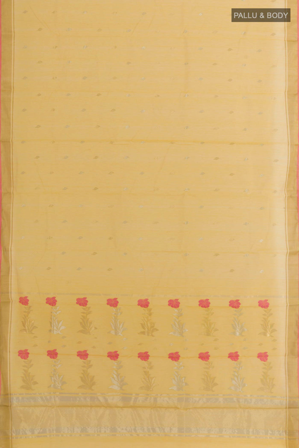 Flat view of Yellow Blended Chanderi Silk Cotton Saree with Zari Butta on the body and Zari Border. 