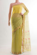 Light Green Blended Chanderi Silk Cotton Saree with Zari Butta on the body and Zari Border.  displayed on a mannequin