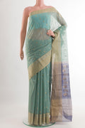 Blue Grey Chanderi Silk Saree with Zari Butta on the body and Zari Border.  displayed on a mannequin