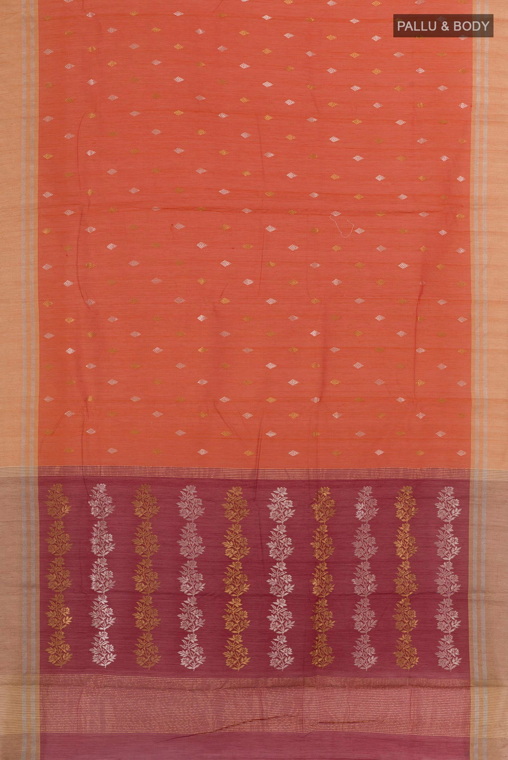 Flat view of Orange Blended Chanderi Silk Cotton Saree with Zari Butta on the body and Zari Border. 