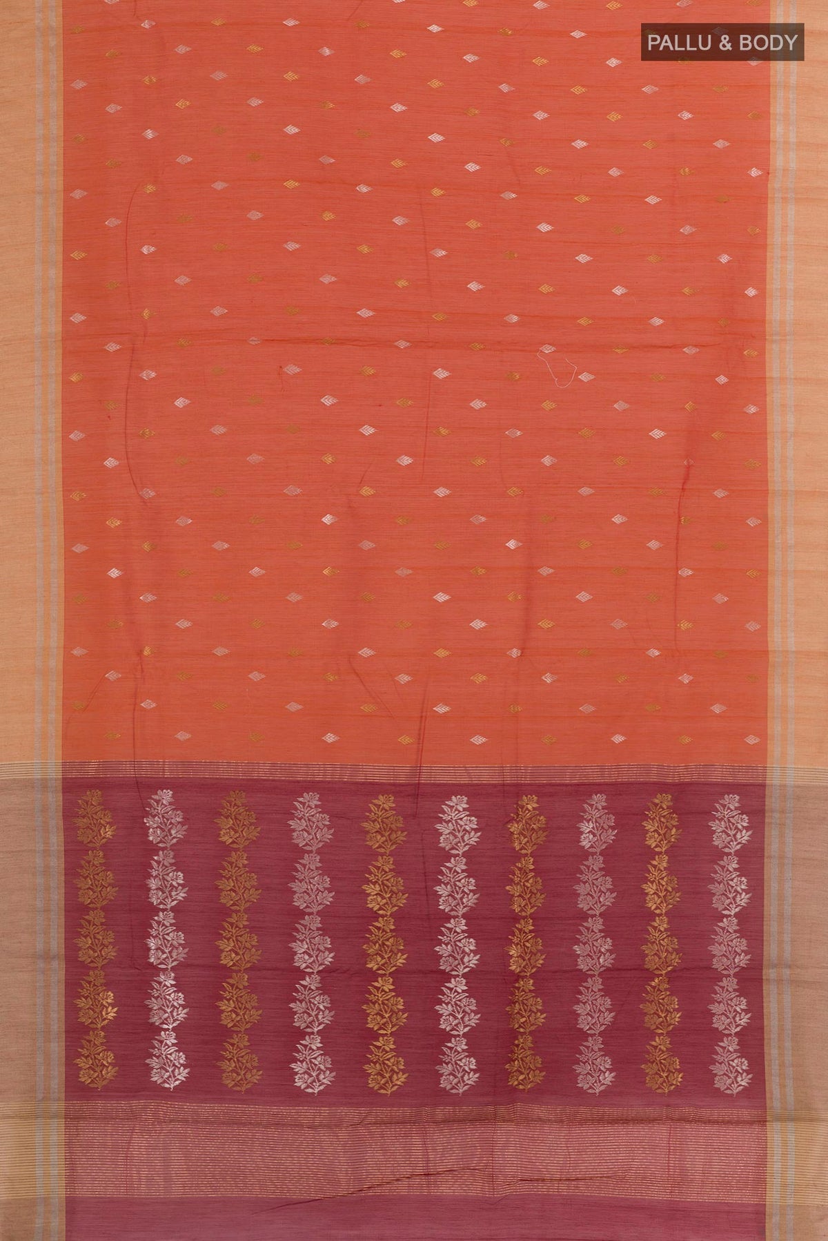 Flat view of Orange Blended Chanderi Silk Cotton Saree with Zari Butta on the body and Zari Border. 