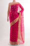 Pink Blended Chanderi Silk Cotton Saree with Zari Butta on the body and Zari Border.  displayed on a mannequin