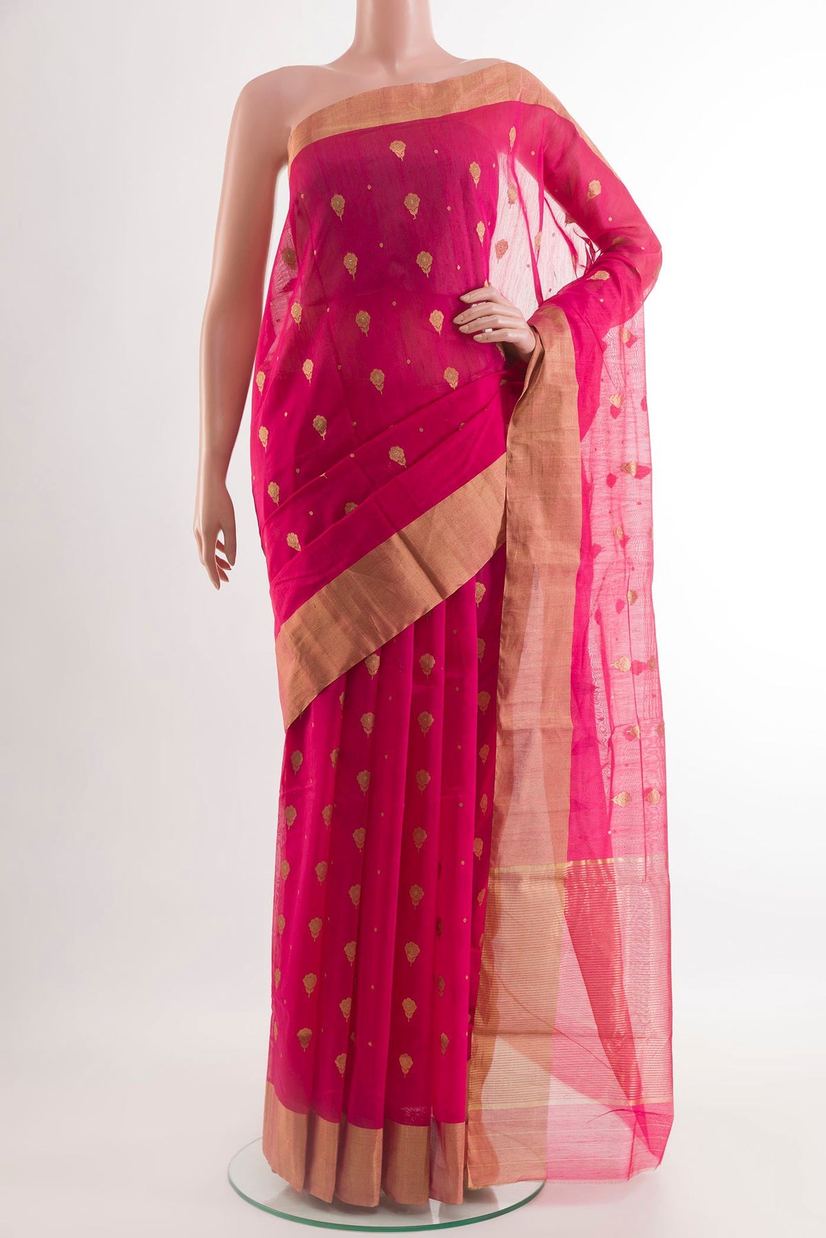 Pink Blended Chanderi Silk Cotton Saree with Zari Butta on the body and Zari Border.  displayed on a mannequin