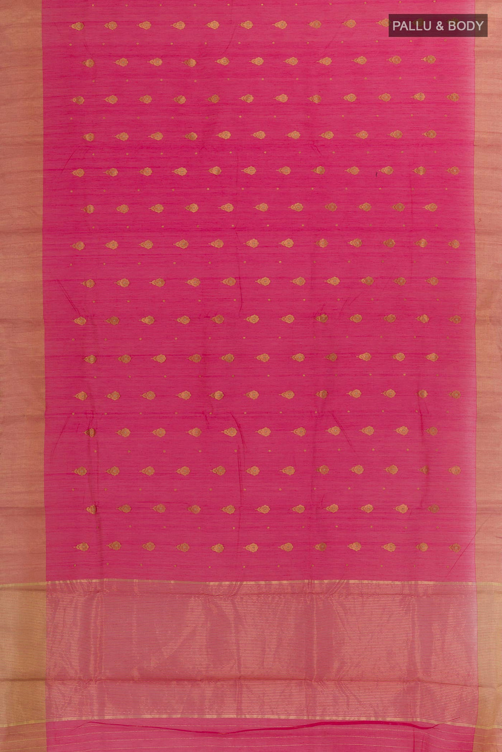 Flat view of Pink Blended Chanderi Silk Cotton Saree with Zari Butta on the body and Zari Border. 
