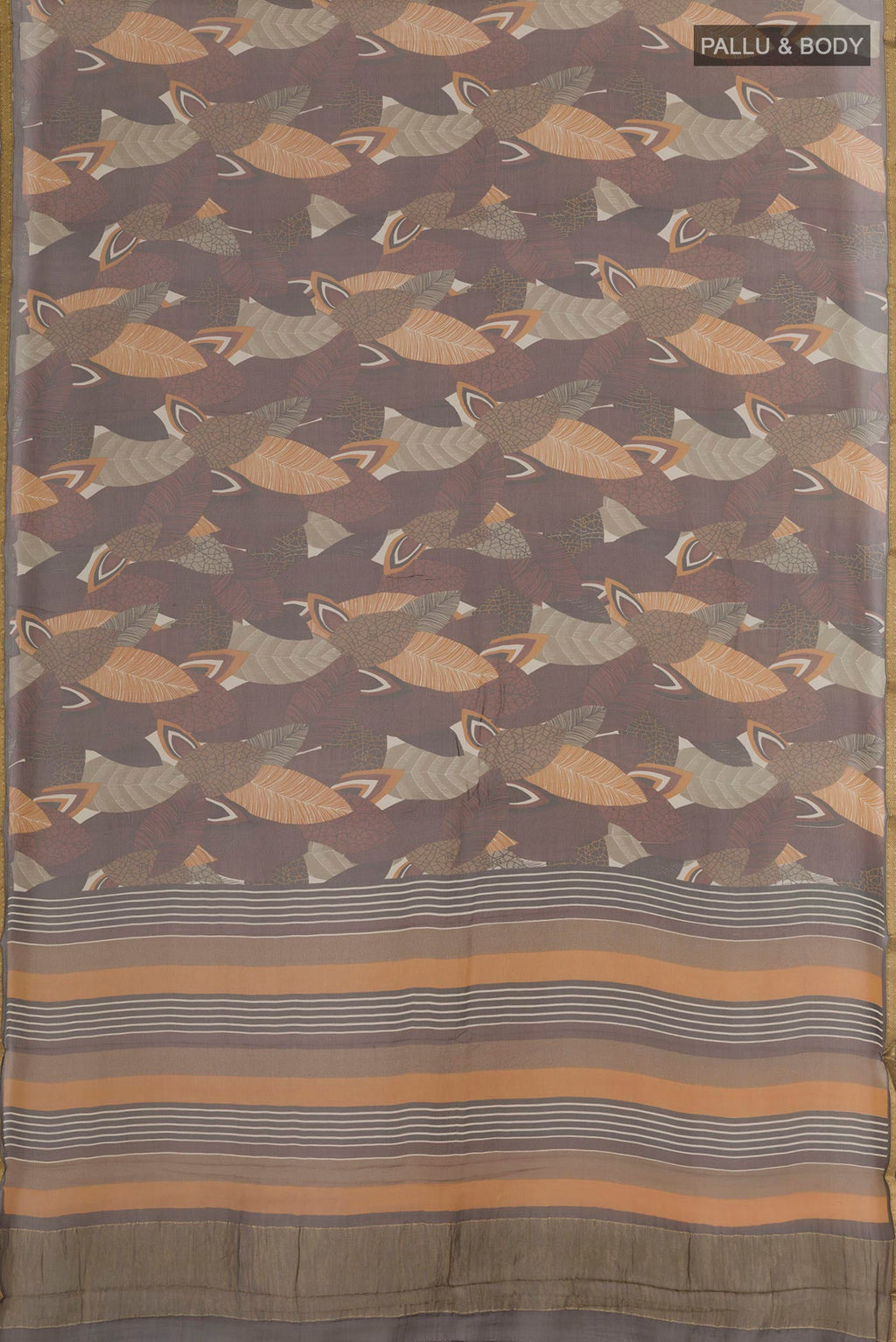 Flat view of Brown Mysore Chiffon Saree with Printed design on the body and Zari Border. 