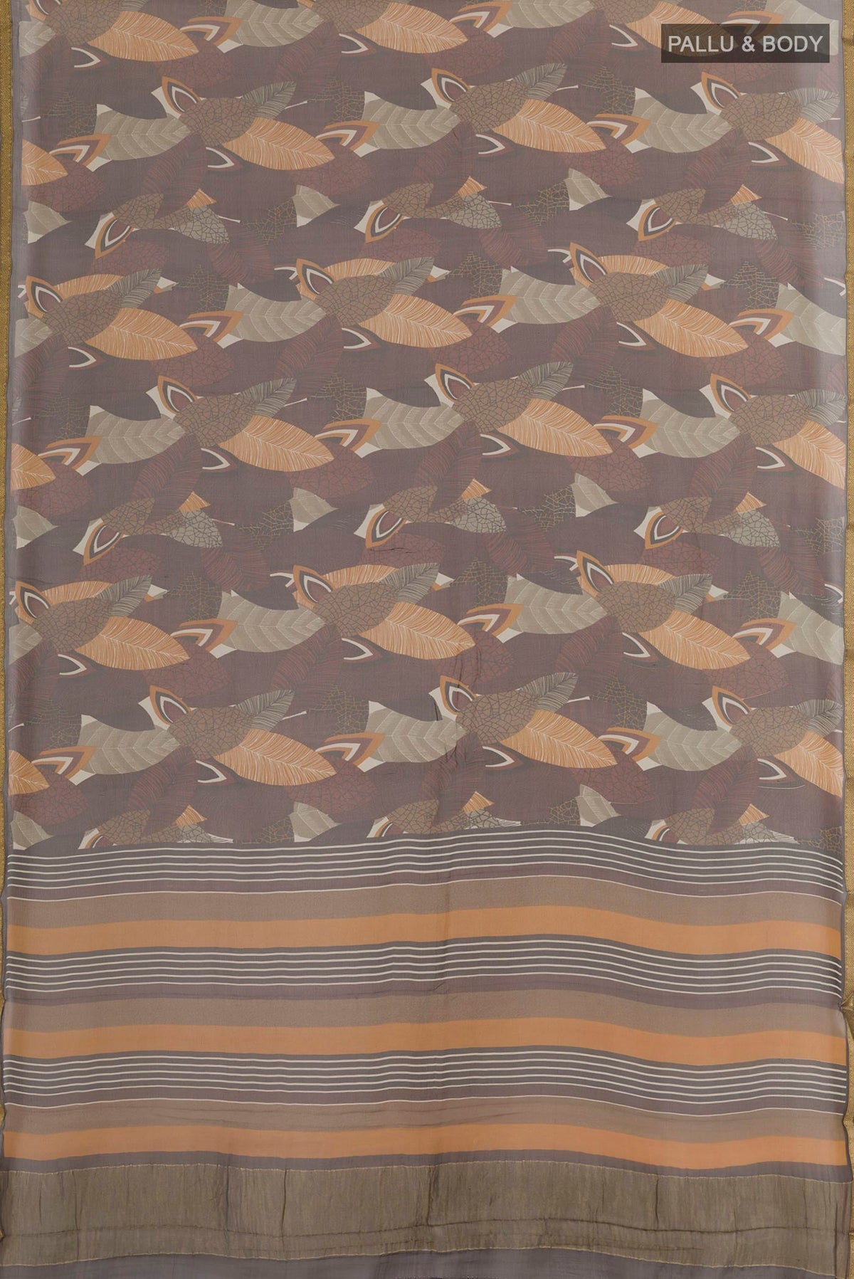 Flat view of Brown Mysore Chiffon Saree with Printed design on the body and Zari Border. 