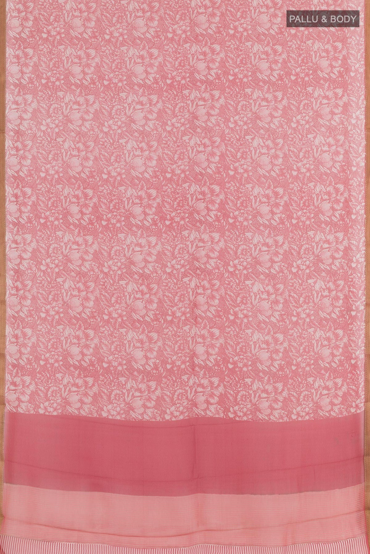 Flat view of Off White Chiffon Saree with Printed design on the body and Plain Border. 
