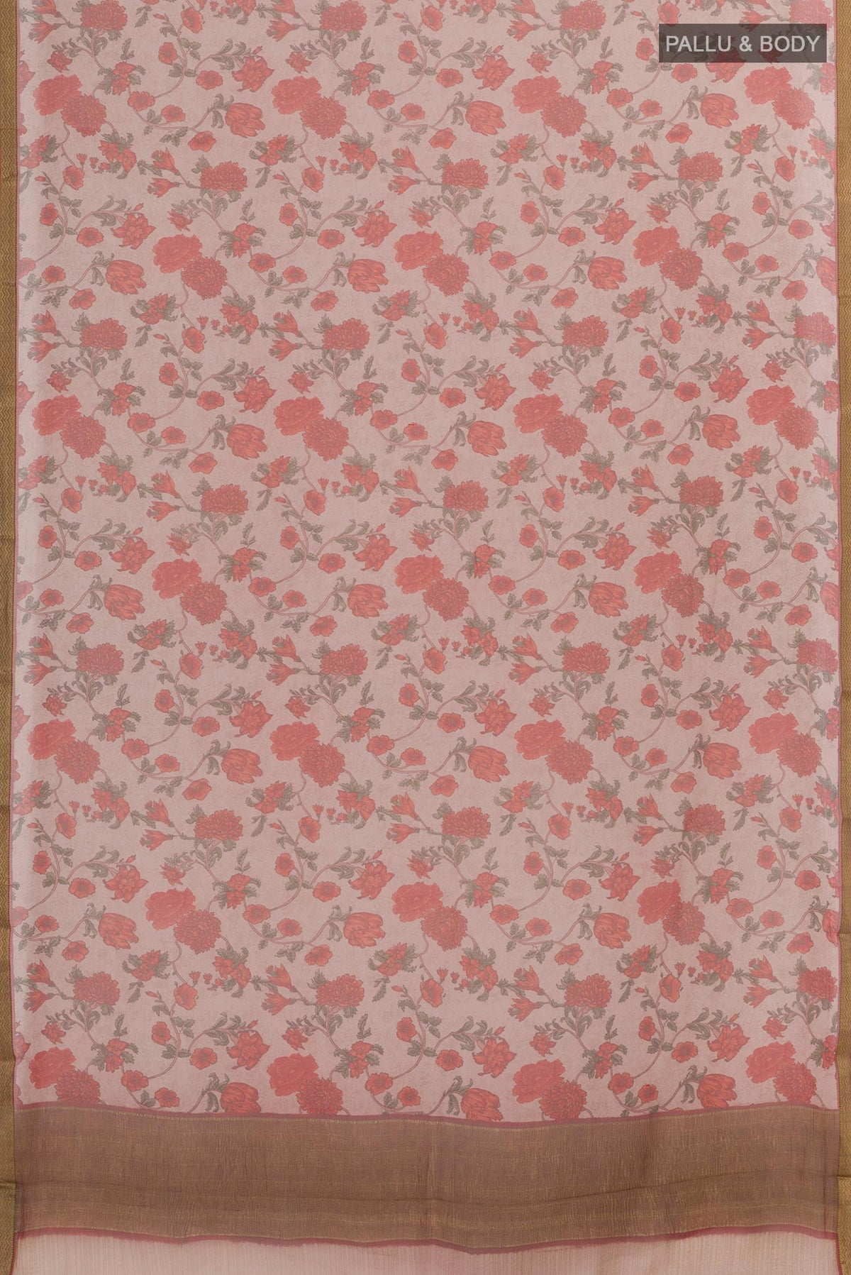 Flat view of Imperial Pink Chiffon Saree with Printed design on the body and Plain Border. 
