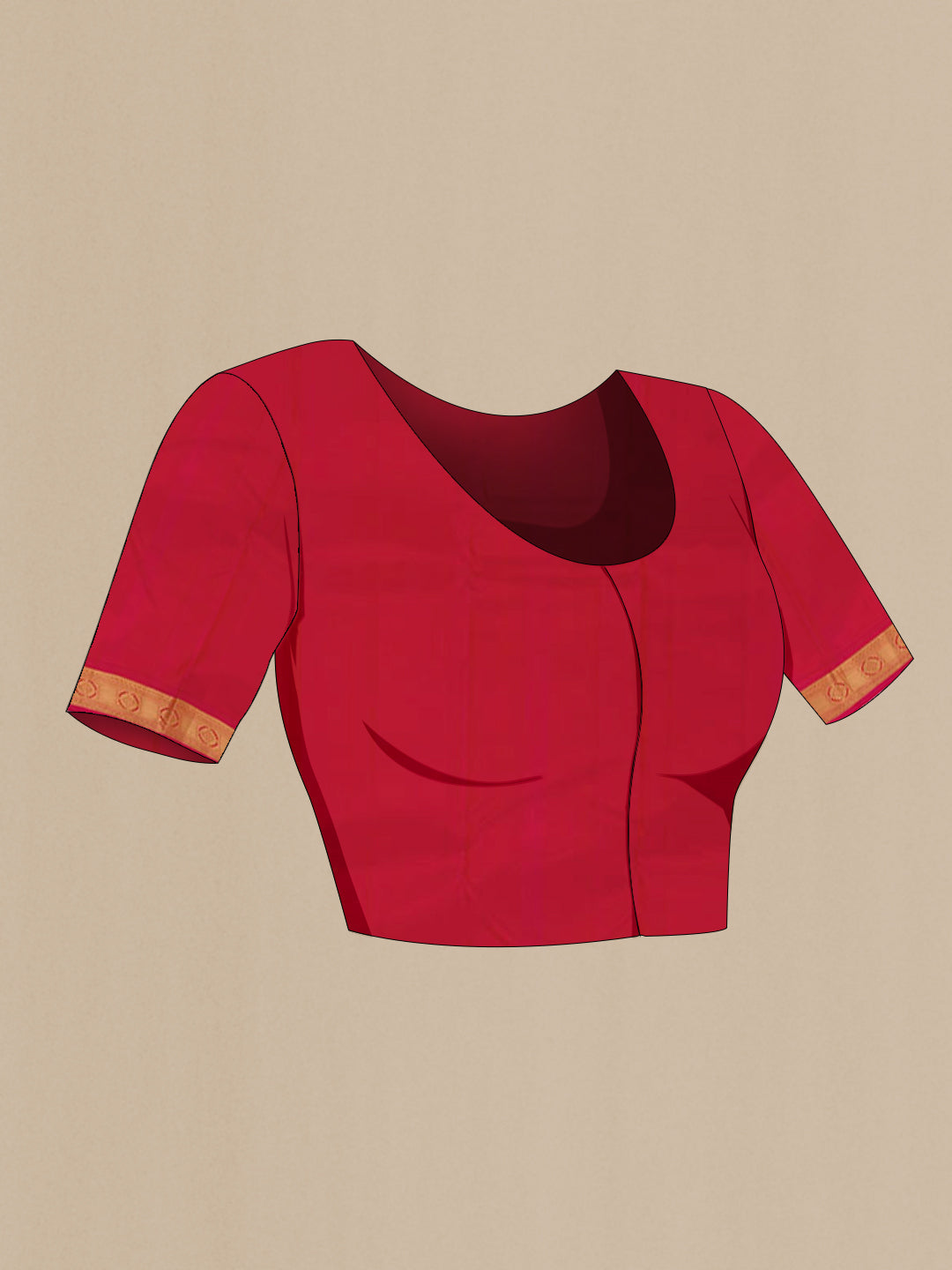 Close up image of the blouse of Orange Kanchipuram Silk Saree with Zari Butta on the body and Zari Border. 