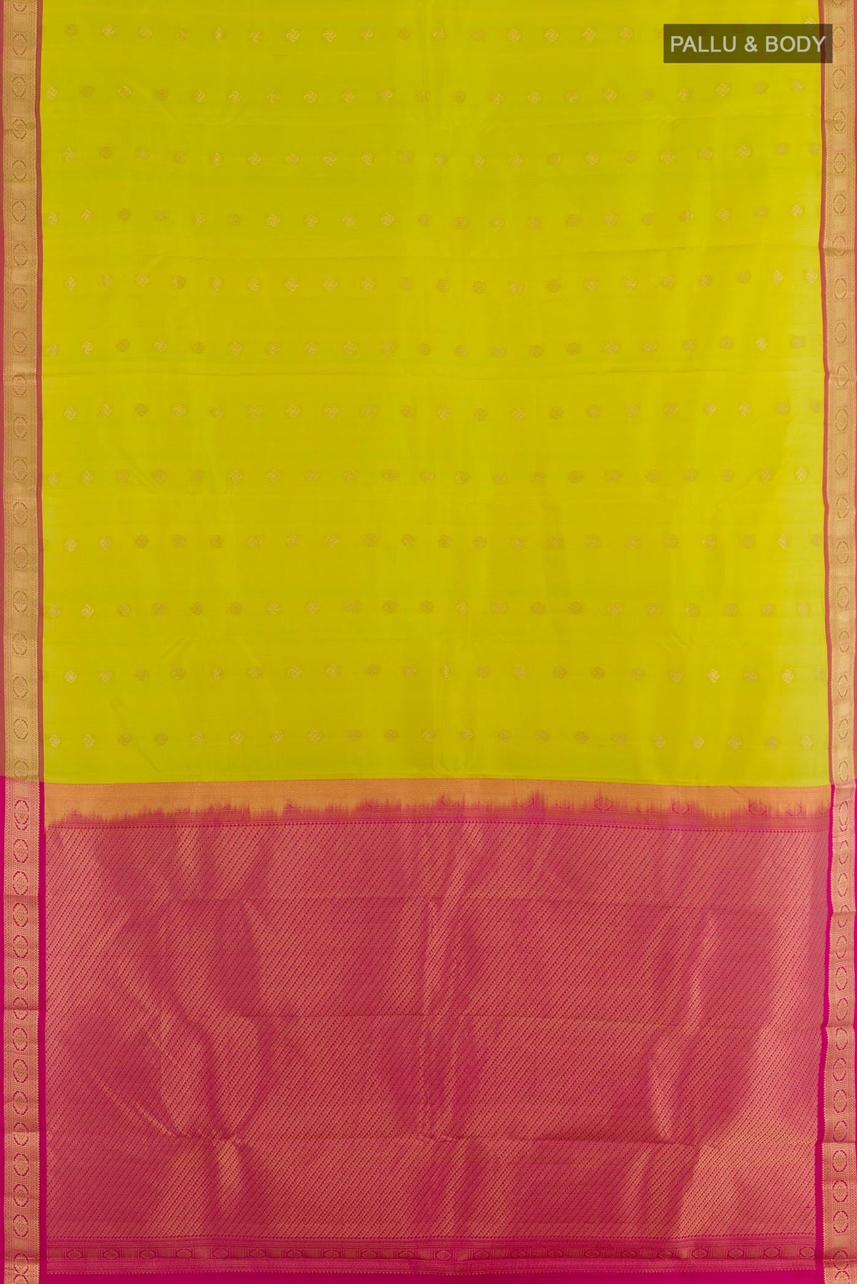 Flat view of Green Kanchipuram Silk Saree with Zari Butta on the body and Zari Border. 