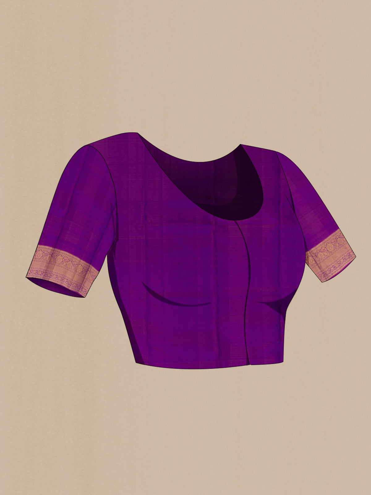 Close up image of the blouse of Purple Kanchipuram Silk Saree with Zari Butta on the body and Zari Border. 