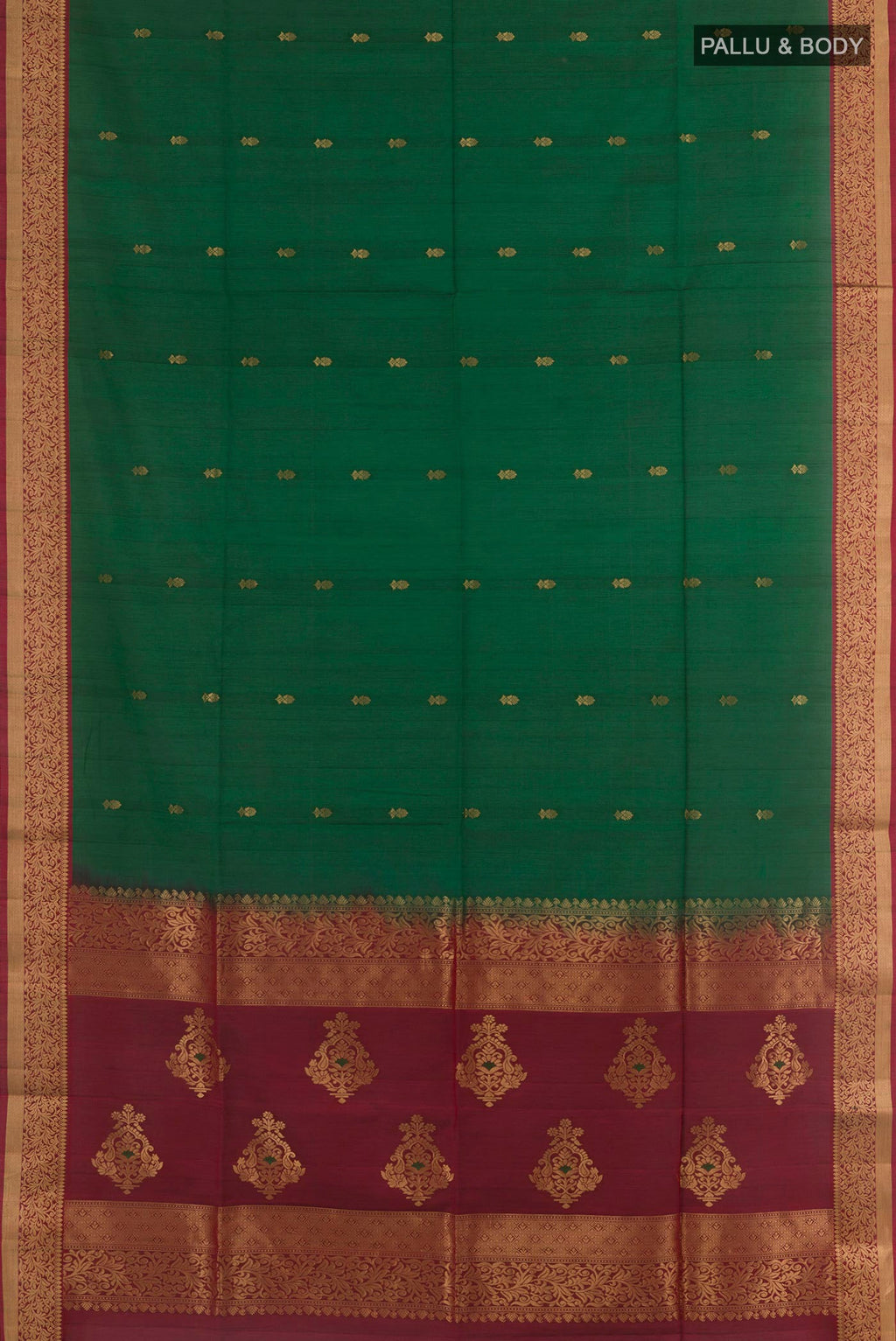 Flat view of Green Soft Silk Saree with Zari Butta on the body and Zari Border. 
