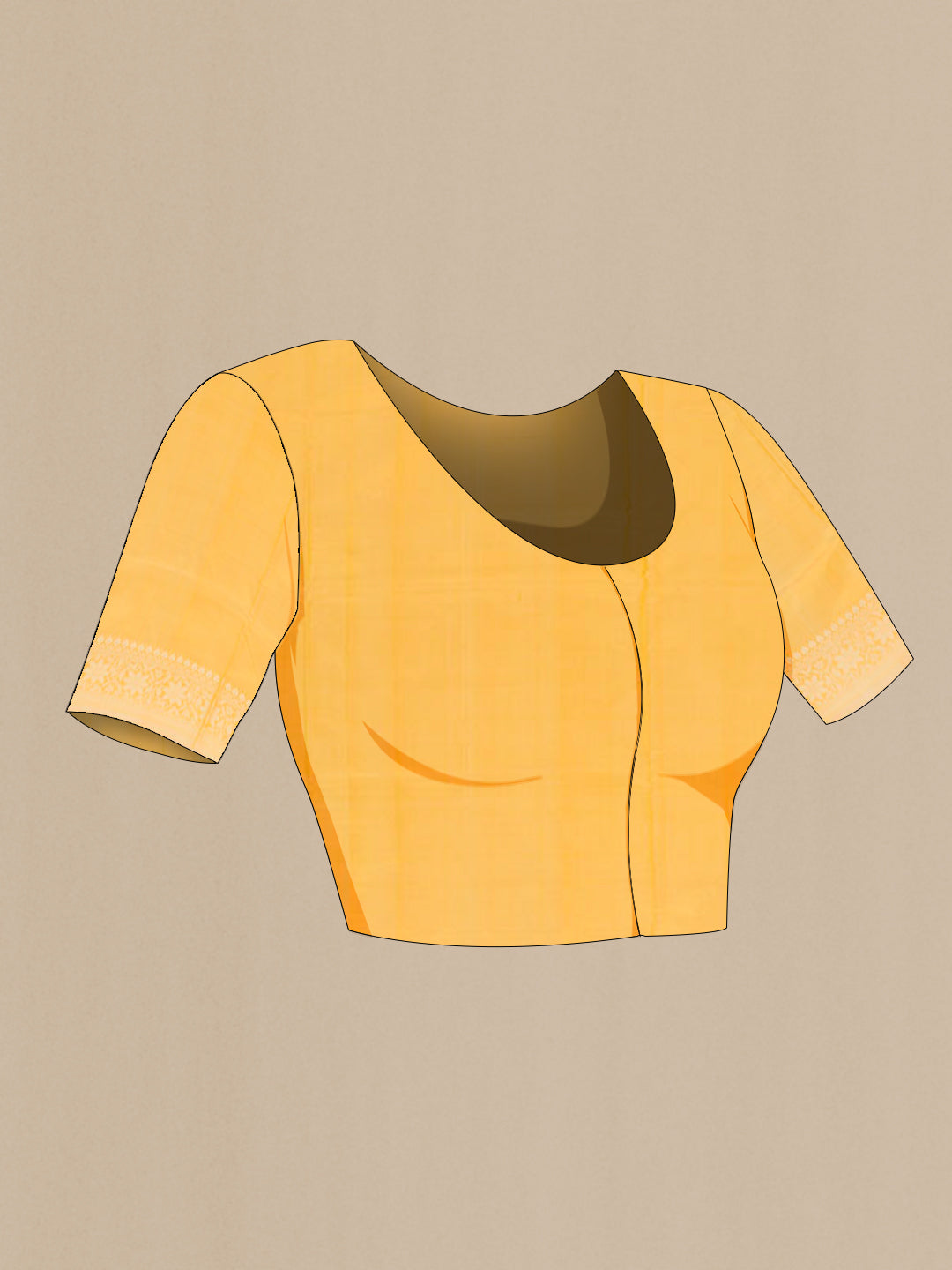 Close up image of the blouse of Yellow Banarasi Katan Silk Saree with Zari Butta on the body and Zari Border. 