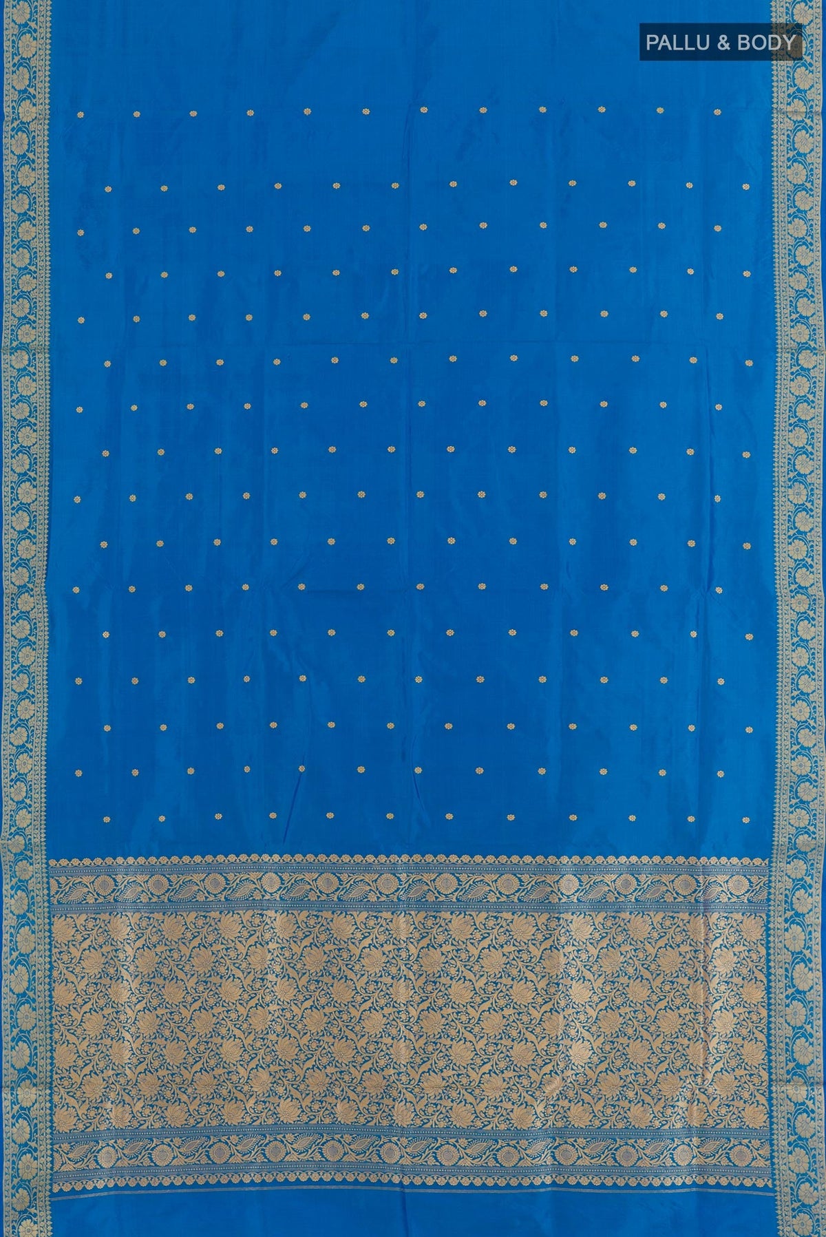 Flat view of Blue Banarasi Katan Silk Saree with Zari Butta on the body and Zari Border. 