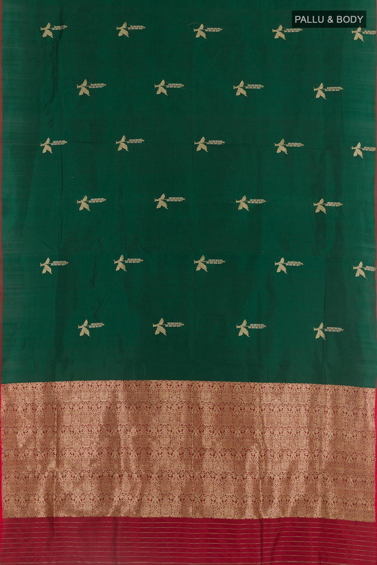 Flat view of Green Banarasi Katan Silk Saree with Zari Butta on the body and Zari Border. 