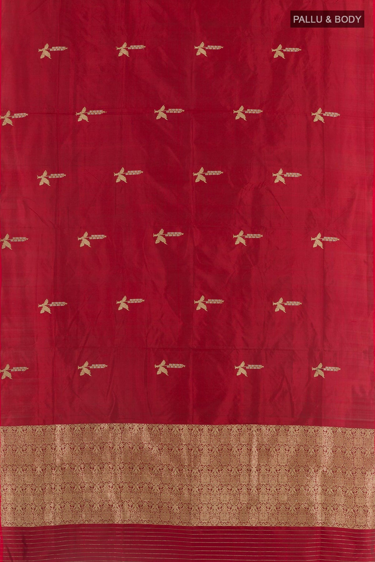 Flat view of Red Banarasi Silk Saree with Zari Butta on the body and Zari Border. 