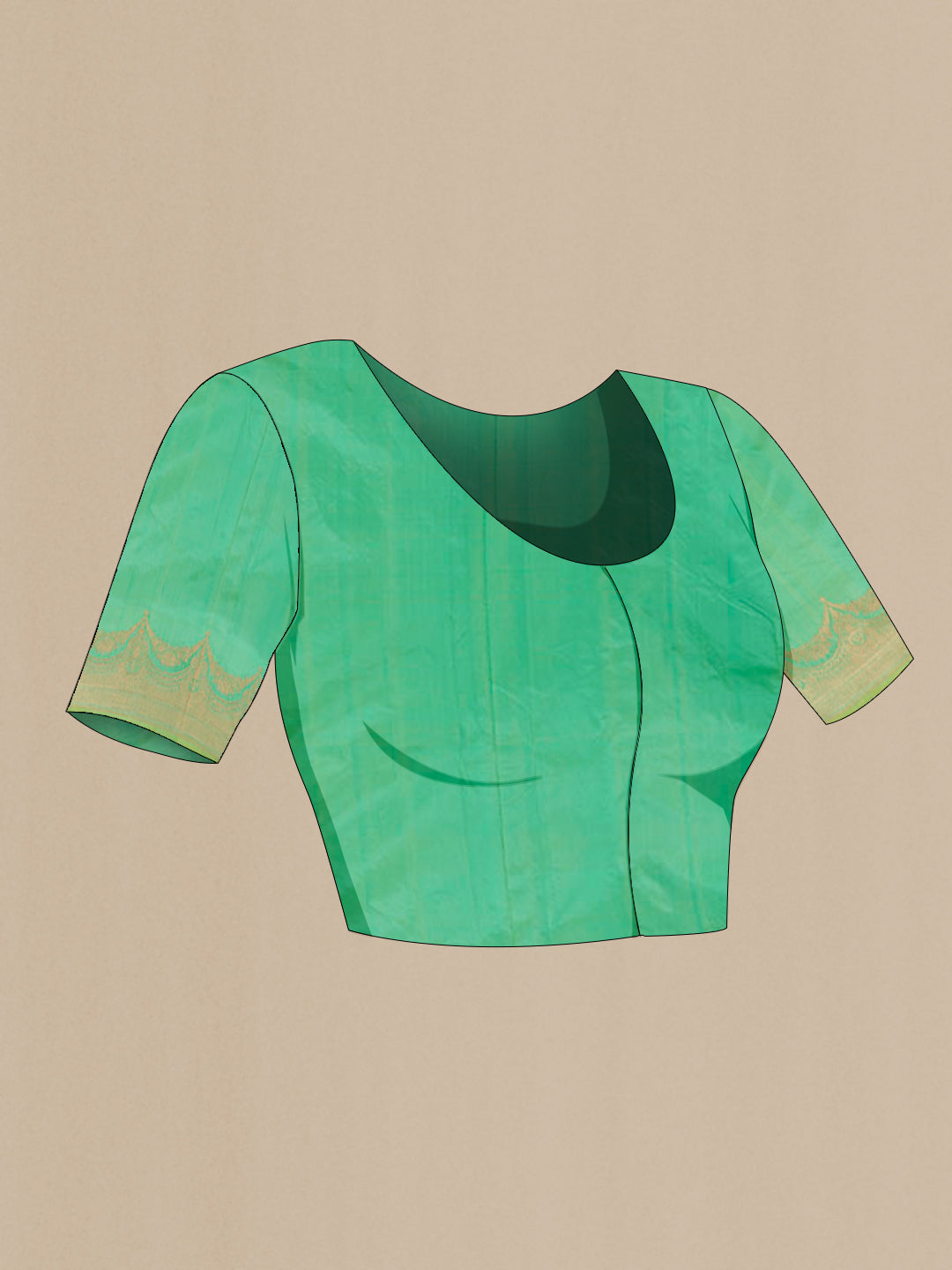 Close up image of the blouse of Green Banarasi Katan Silk Saree with Zari Butta on the body and Zari Border. 